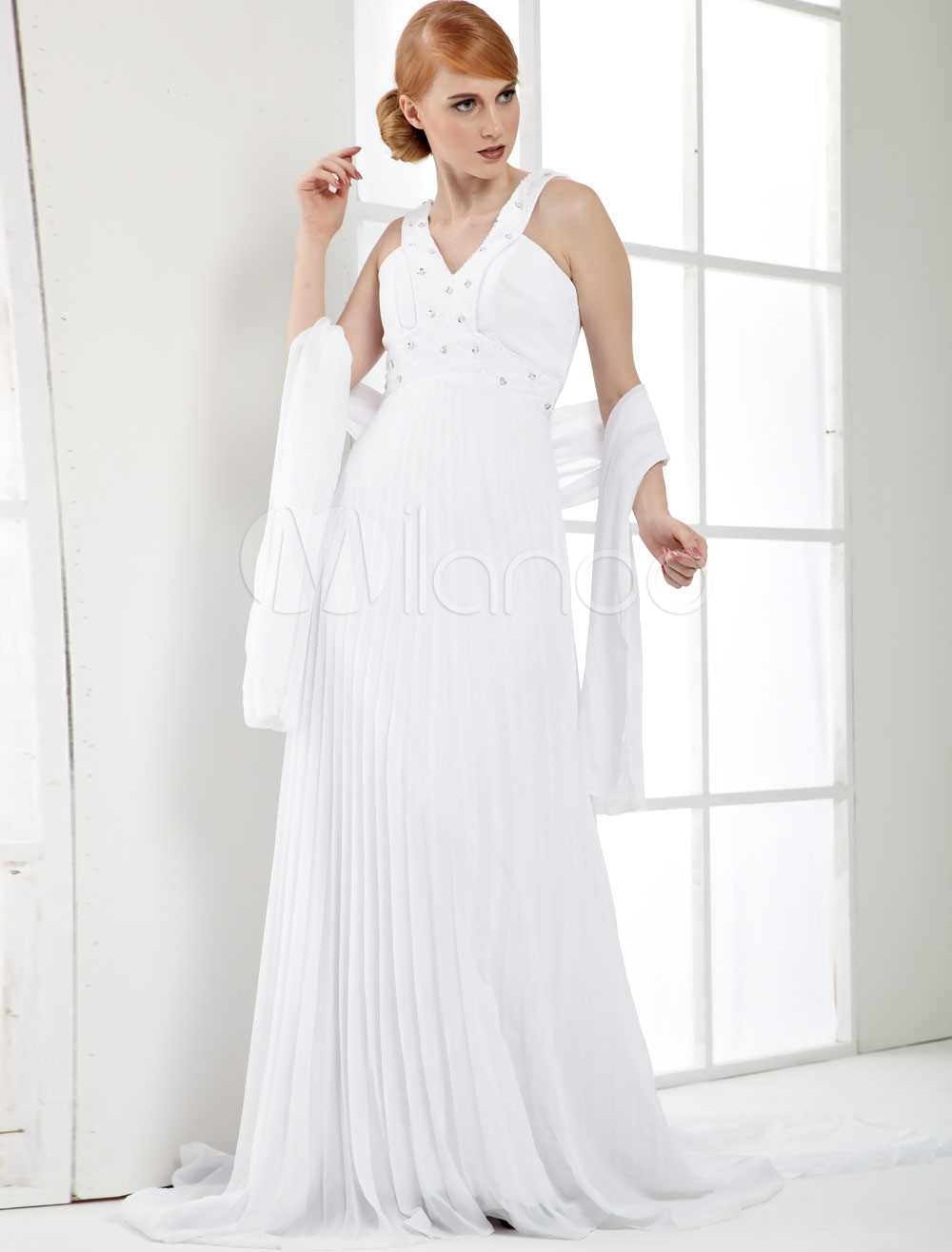 White-V-Neck-A-line-Chiffon-Train-Length-Bridal-Dress-132054-1