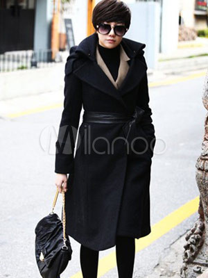 Unique Fashion Black Terylene Women Coat on Fashion Black Wool Single Breasted Women S Hooded Coat 139320 0 Jpg