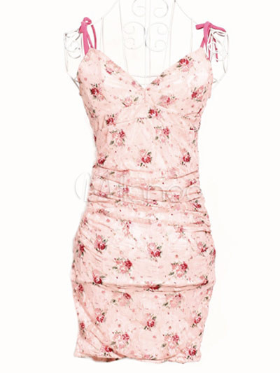 Elastic Shoe Lace on Sweet Pink Base Red Floral Elastic Lace Backless V Neck Dress