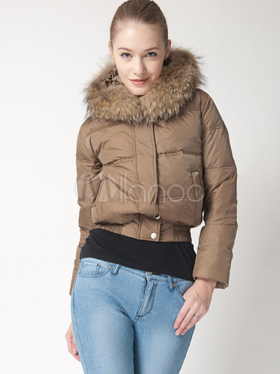 Champagne Long Sleeves Zip Womens Short Down Jacket