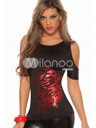 Clubwear Tops on Black Red Open Shoulder Short Sleeves Womens Club Top   Milanoo Com