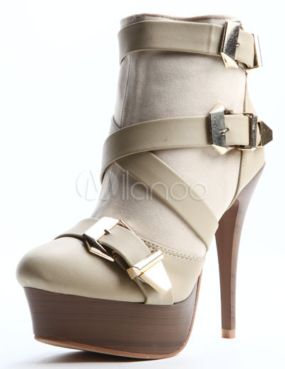 Women Heels on Apricot Pu Leather Buckles Women S High Heel Ankle Boots Milanoo