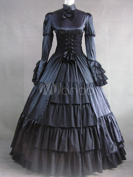 Elegant Gothic Lolita Victorian Aristocrat Black Satin Long Dress