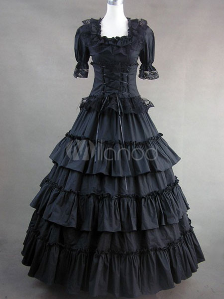 Gothic Lolita Victorian Renaissance Black Cotton Long Dress