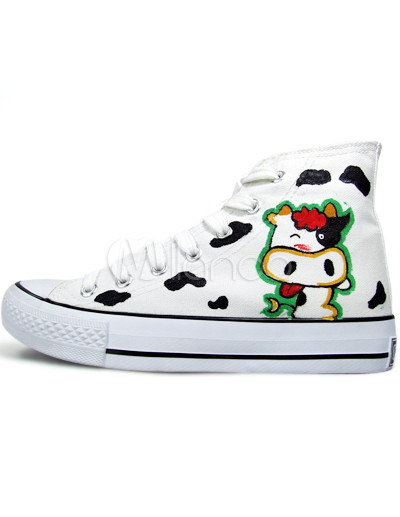 Ladies Fashion Shoes Size Canvas Hightop on Casual White Canvas Cow Lace Up Ladies Painted Shoes Milanoo Com