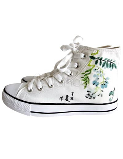 Canvas White Shoes on Elegant White Canvas Lace Up Ladies Painted Shoes