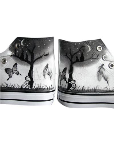 Canvas Lace Shoes on Sweet White Canvas Rubber Lace Up Womens Painted Shoes   Milanoo Com