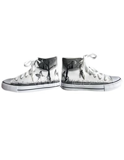 Canvas Lace Shoes on Sweet White Canvas Rubber Lace Up Womens Painted Shoes   Milanoo Com