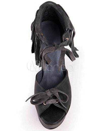 Womens High Heel on Pu Leather Tassels Chunky High Heel Women S Dress Sandals   Milanoo