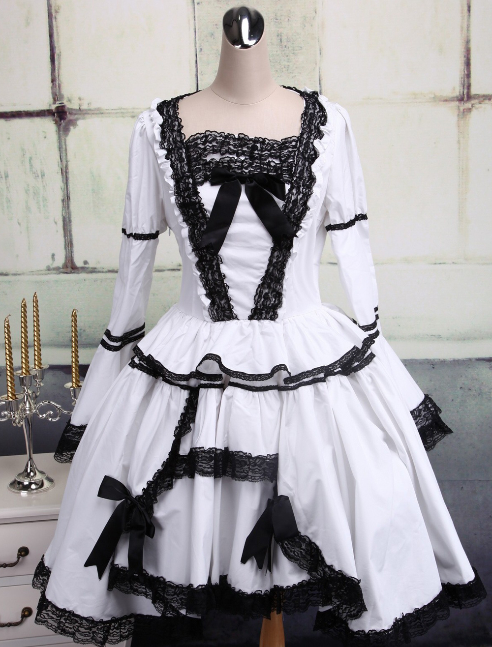 Eleagant White Lolita OP Dress Long Sleeves Black Lace Trim Two-layer steampunk buy now online