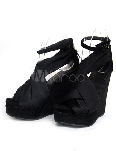 Black Satin Wedge Shoes on Satin Fabric Ankle Strap Women S Wedge Sandals   Milanoo Com