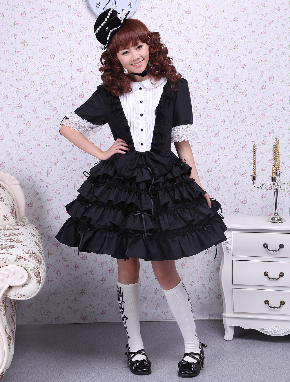 Black And White Buttons Lace Cotton Gothic Lolita Dress steampunk buy now online