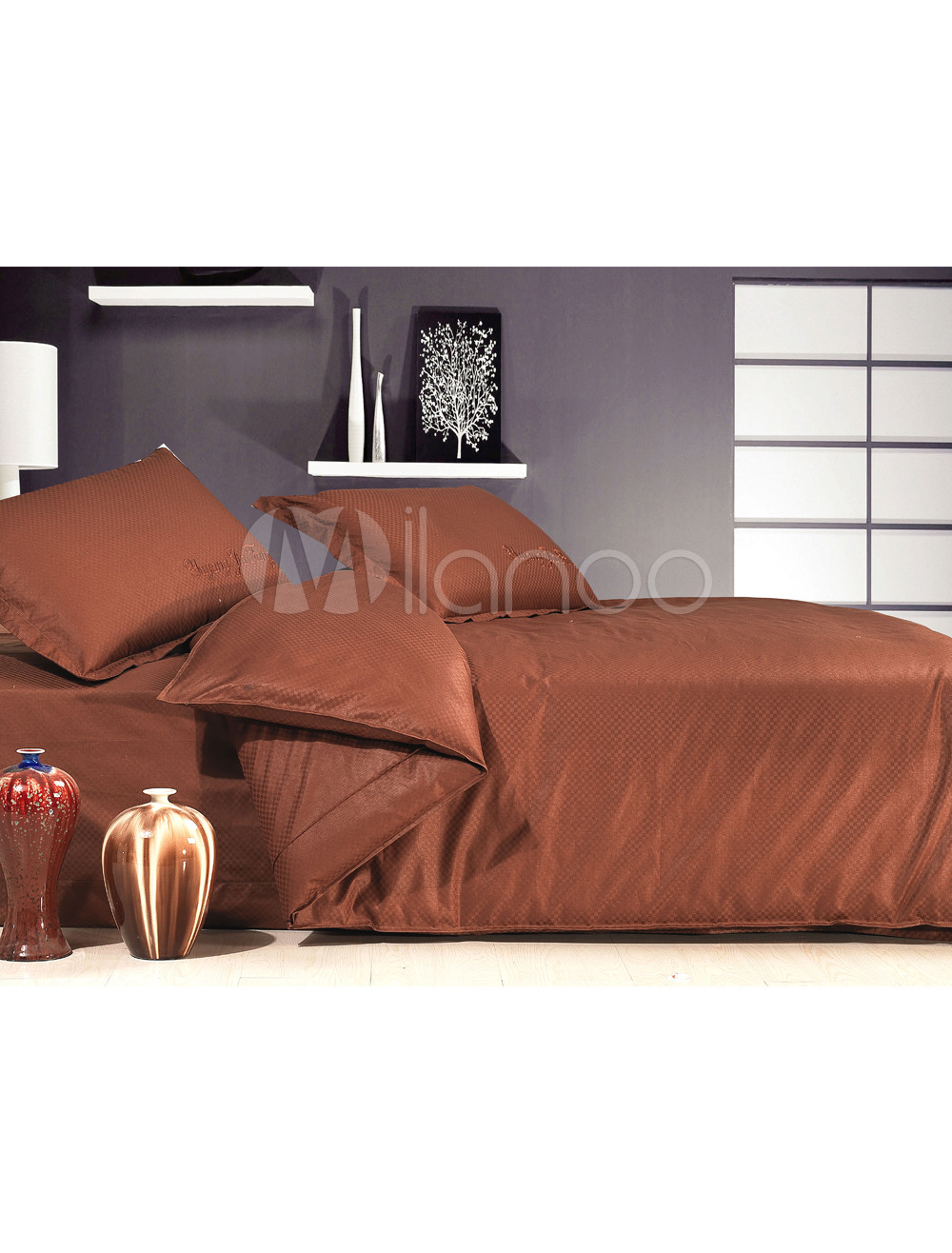 4-pc Beautiful Brown Silk Quilt Duvet Cover Bedding Set