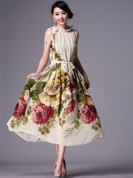 Romantic Floral Print Silk Sleeveless Round Collar Maxi Dress