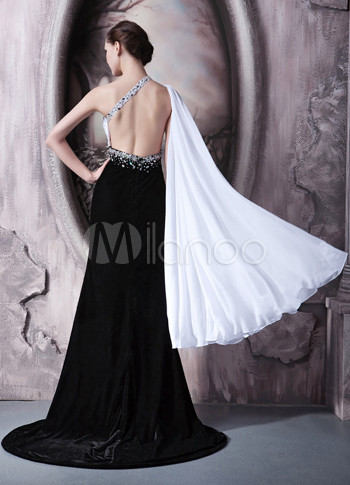 Black Shoulder Dress on Black White Chiffon Velour One Shoulder Side Splitting Prom Dress