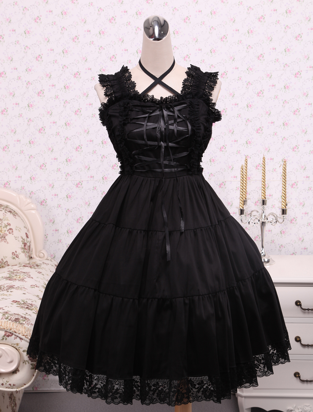 Pure Black Cotton Lolita Jumper Skirt Lace Trim Lace Up Waist Belt steampunk buy now online