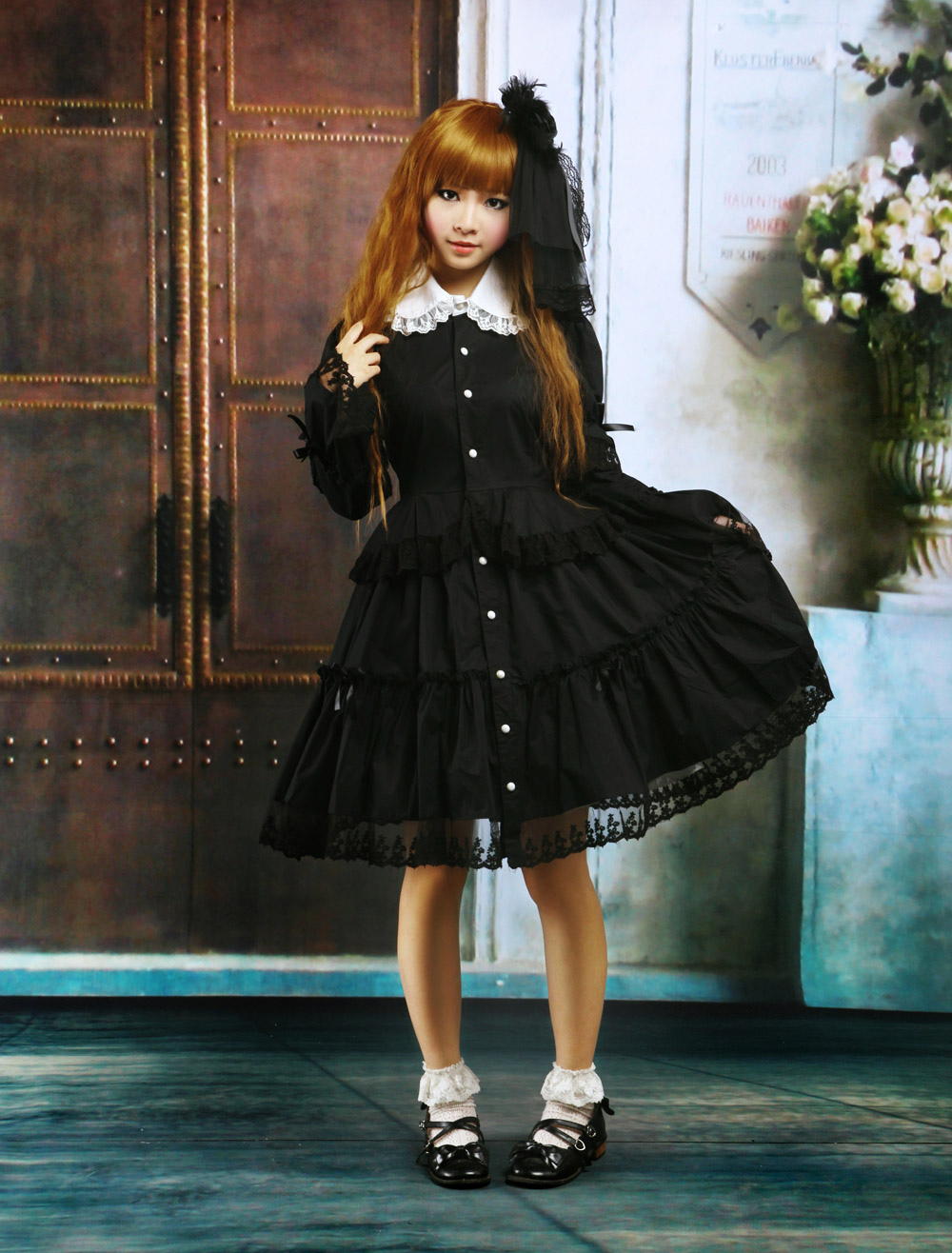 Black Cotton Lolita OP Dress Long Sleeves Round Collar Lace Trim steampunk buy now online