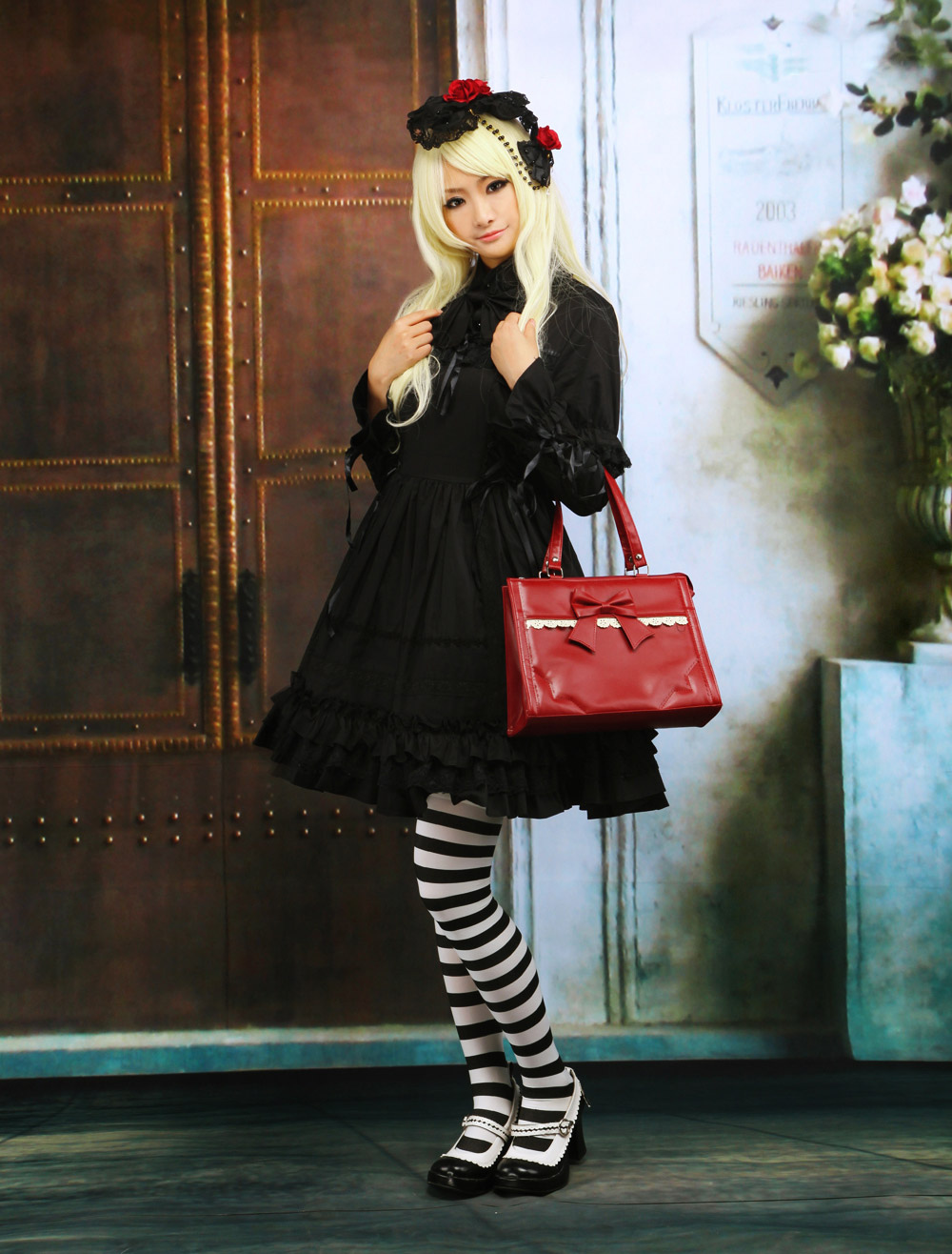 Pure Black Cotton Lolita One-piece Dress Long Sleeves Ruffles Trim steampunk buy now online Pure Black Cotton Lolita One-piece Dress Long Sleeves Ruffles Trim steampunk buy now online