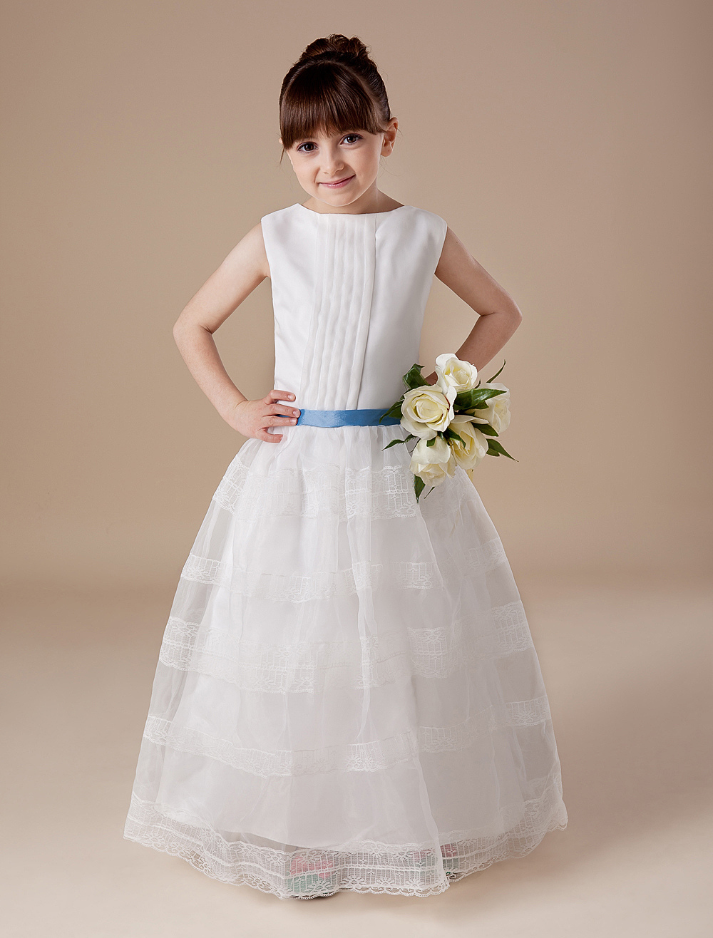 White Sleeveless Sash Satin Lace Flower Girl Dress (Wedding Flower Girl Dresses) photo