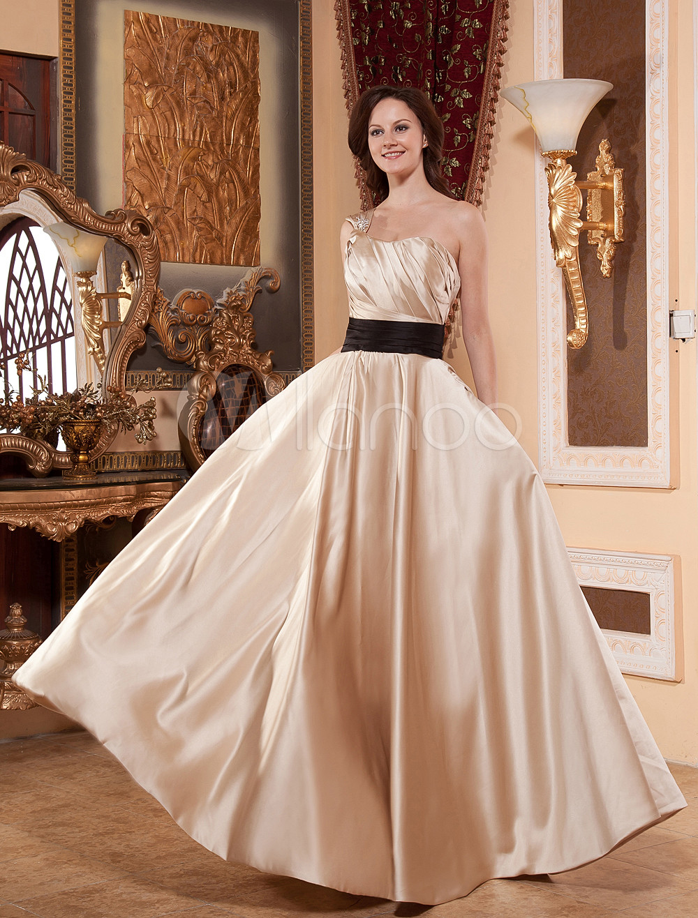 Aline Oneshoulder Floorlength Champagne Satin Sash Pleated Bridesmaid Dress Mybuzz