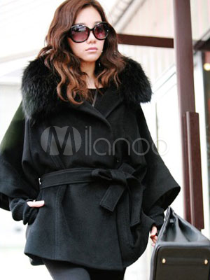 Black Long Sleeves Fox Fur Collar Thin Cashmere Womens Pea Coat