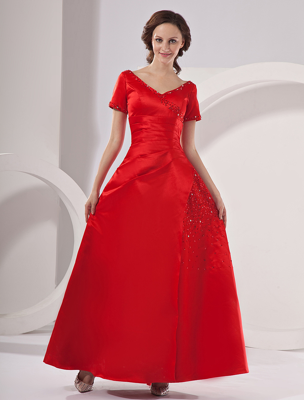 Red Short Sleeves Pleated Beaded Satin Mother Of Bride And Groom Dress (Wedding) photo