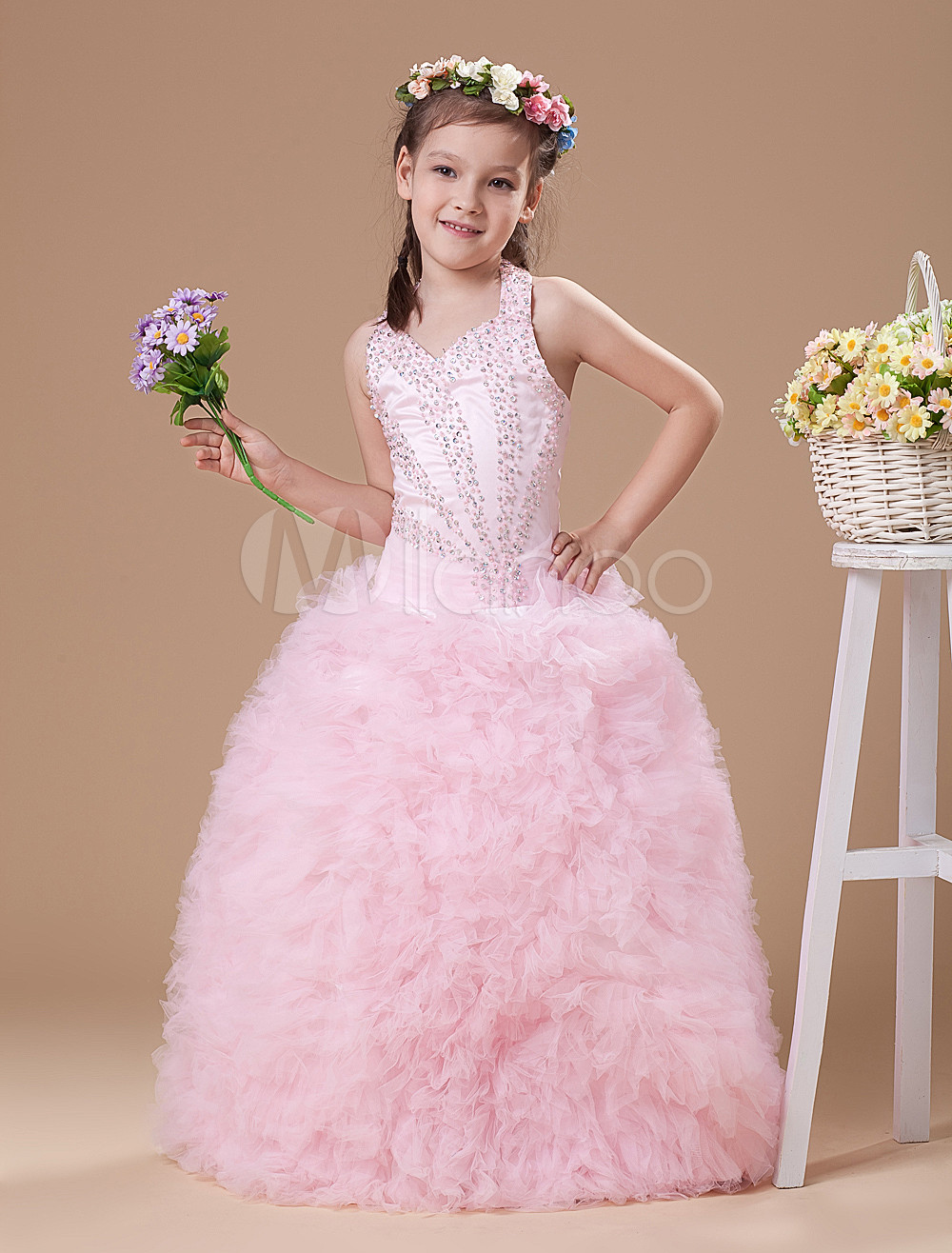 Pink Halter Floor-Length Ruffles Ball Gown Girls Pageant Dress (Wedding Flower Girl Dresses) photo