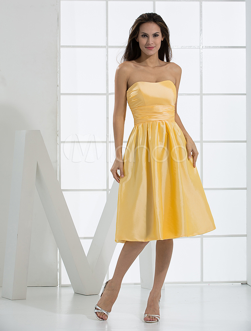 Aline Strapless Kneelength Daffodil Taffeta Chiffon Cocktail Dress