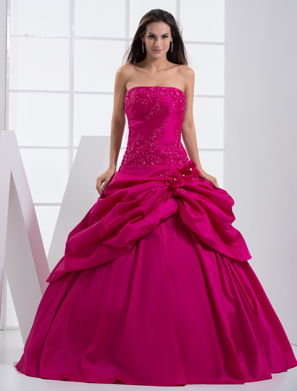 Hot pink Quinceanear Dress Strapless Floor Length Beading Taffeta Ball Gown Party Dress (Wedding Quinceanera Dresses) photo