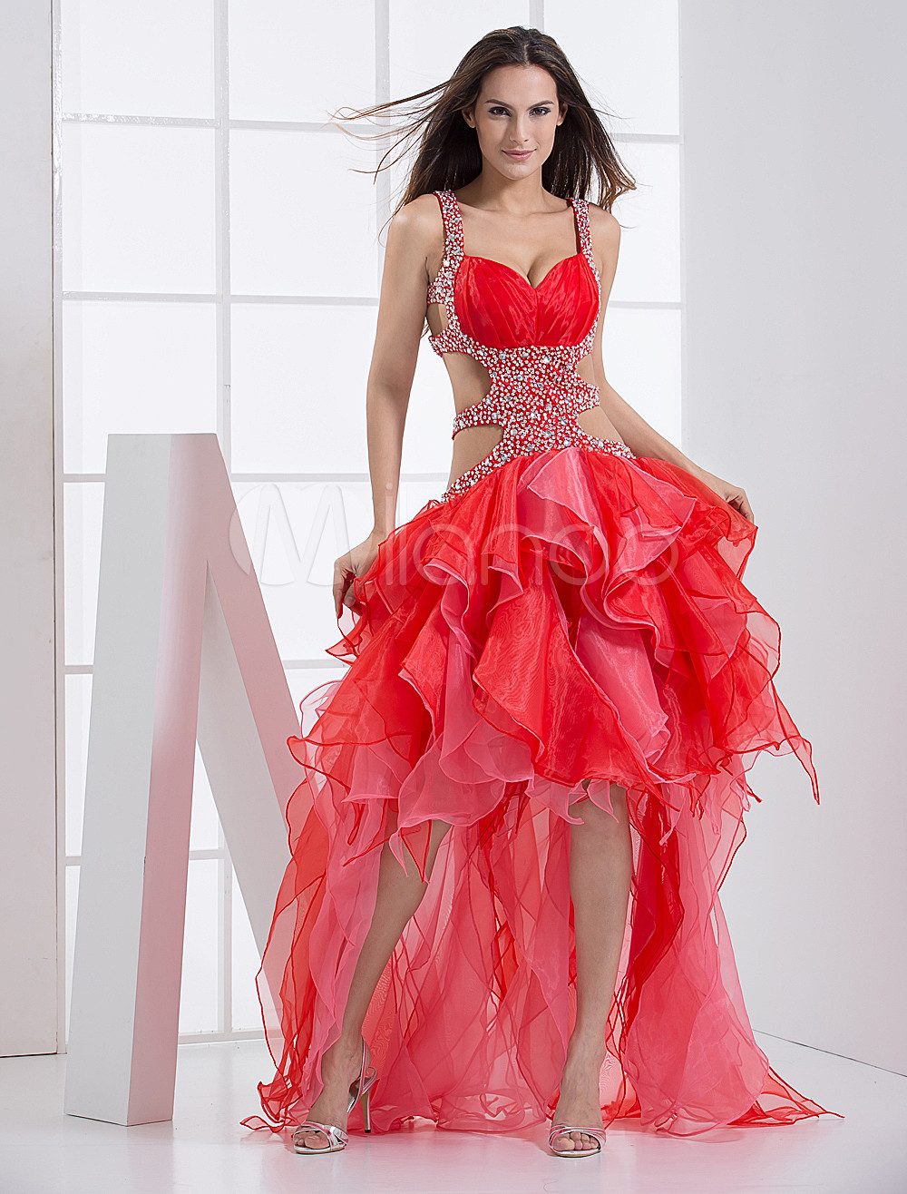 Red Tulle Sweetheart A-line Long in Back Short in Front Cocktail Dress (Wedding Prom Dresses) photo