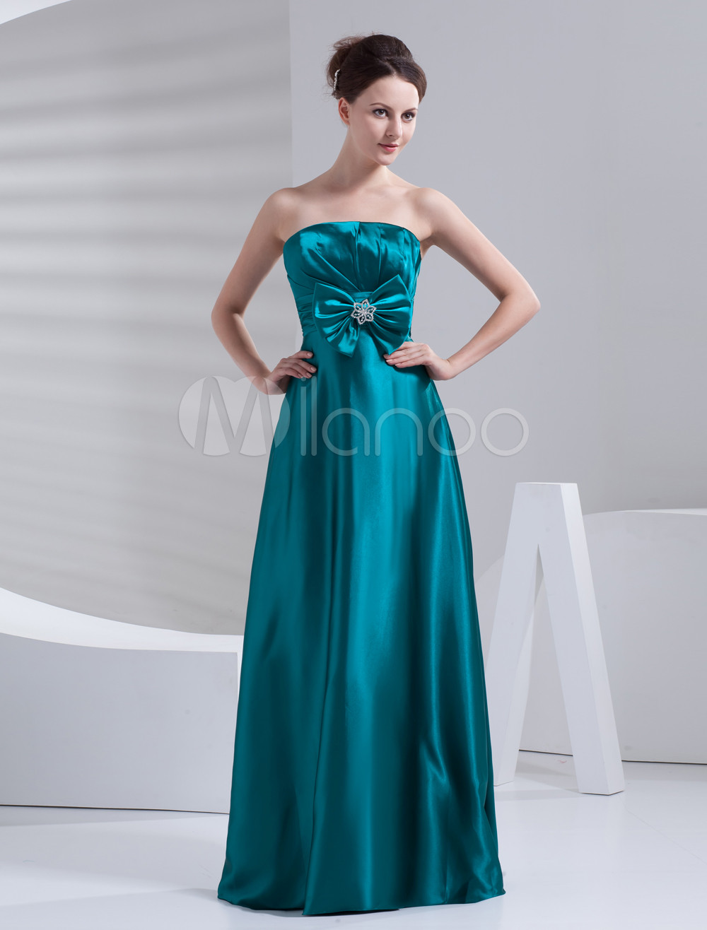 Elegant Dark Green Elastic Woven Satin Strapless Floor Length Prom