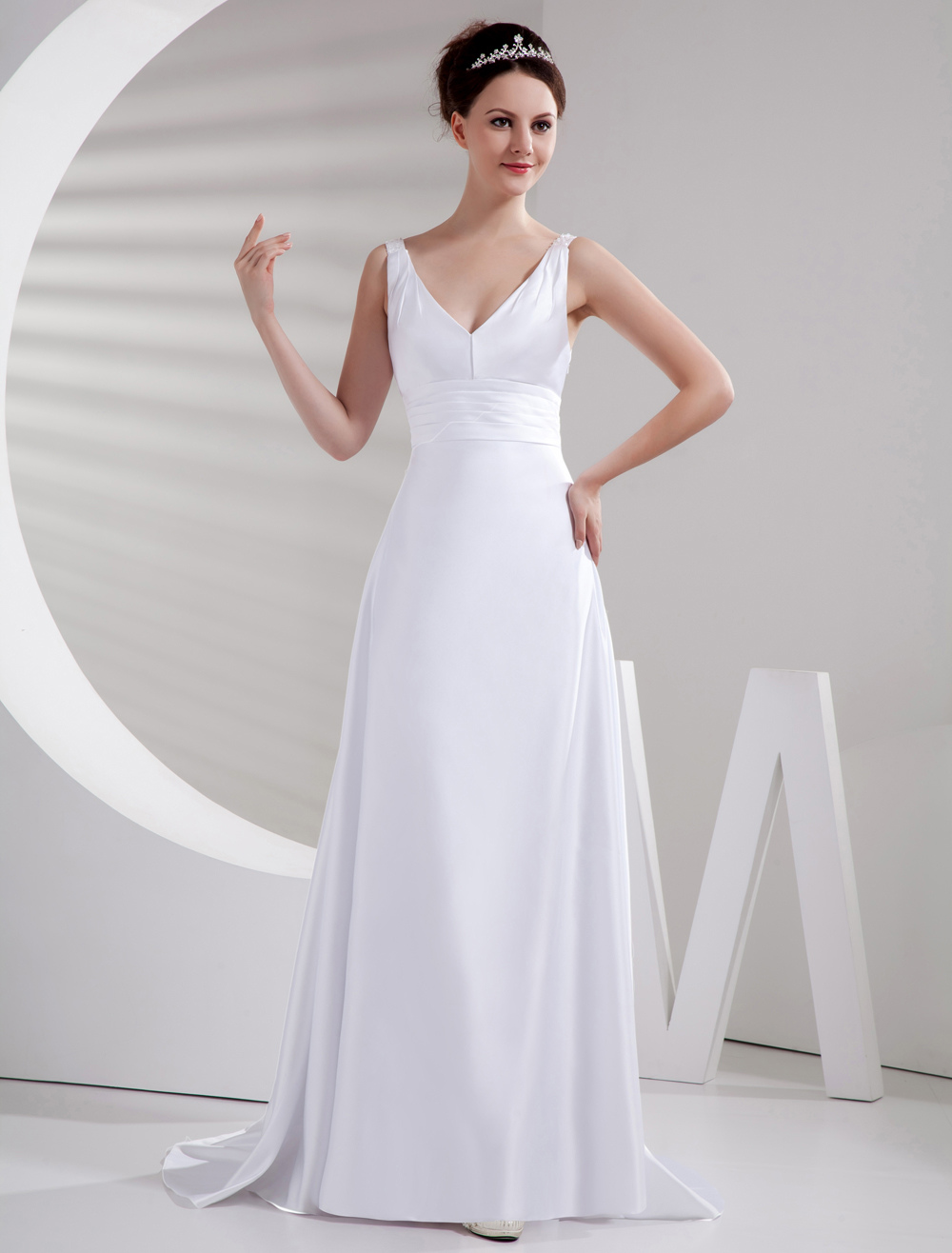 Elegant Ivory Aline Empire Waist Vneck Regular Ruched Satin Evening
