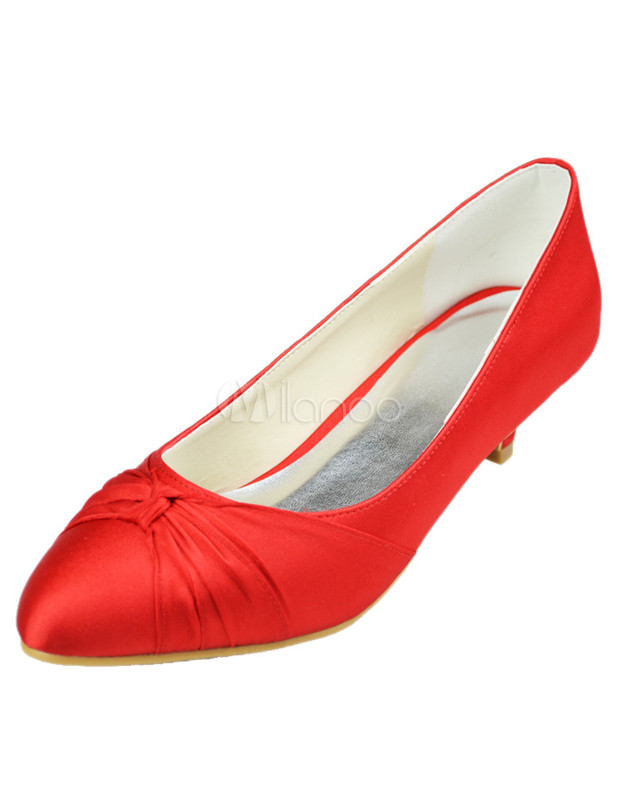 Red Pointed Toe Satin Wedding Low Heel Shoes