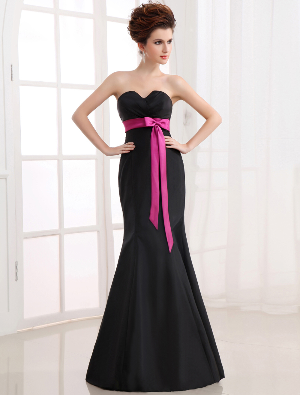 Black Evening Dress Mermaid Strapless Bow Sash Satin Dress (Wedding Cheap Party Dress) photo