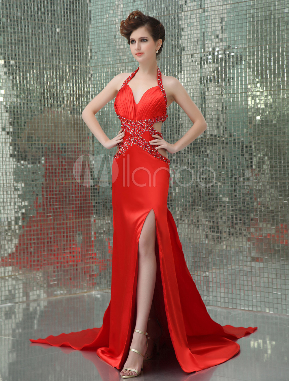 Hot Red Elastic Woven Satin Halter Prom Dress (Wedding Prom Dresses) photo