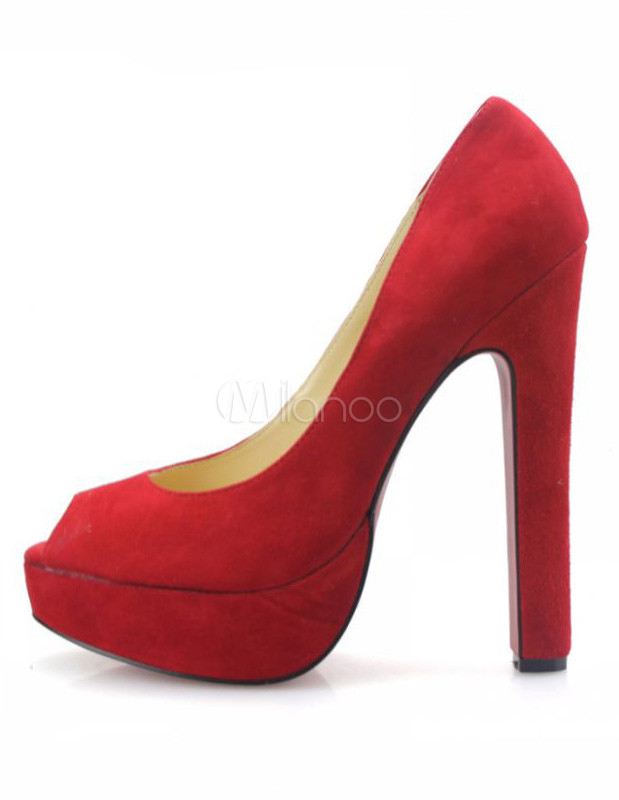 Red Platform Chunky Heel Sheepskin Suede Woman\u0026#39;s Peep Toe Pumps ...