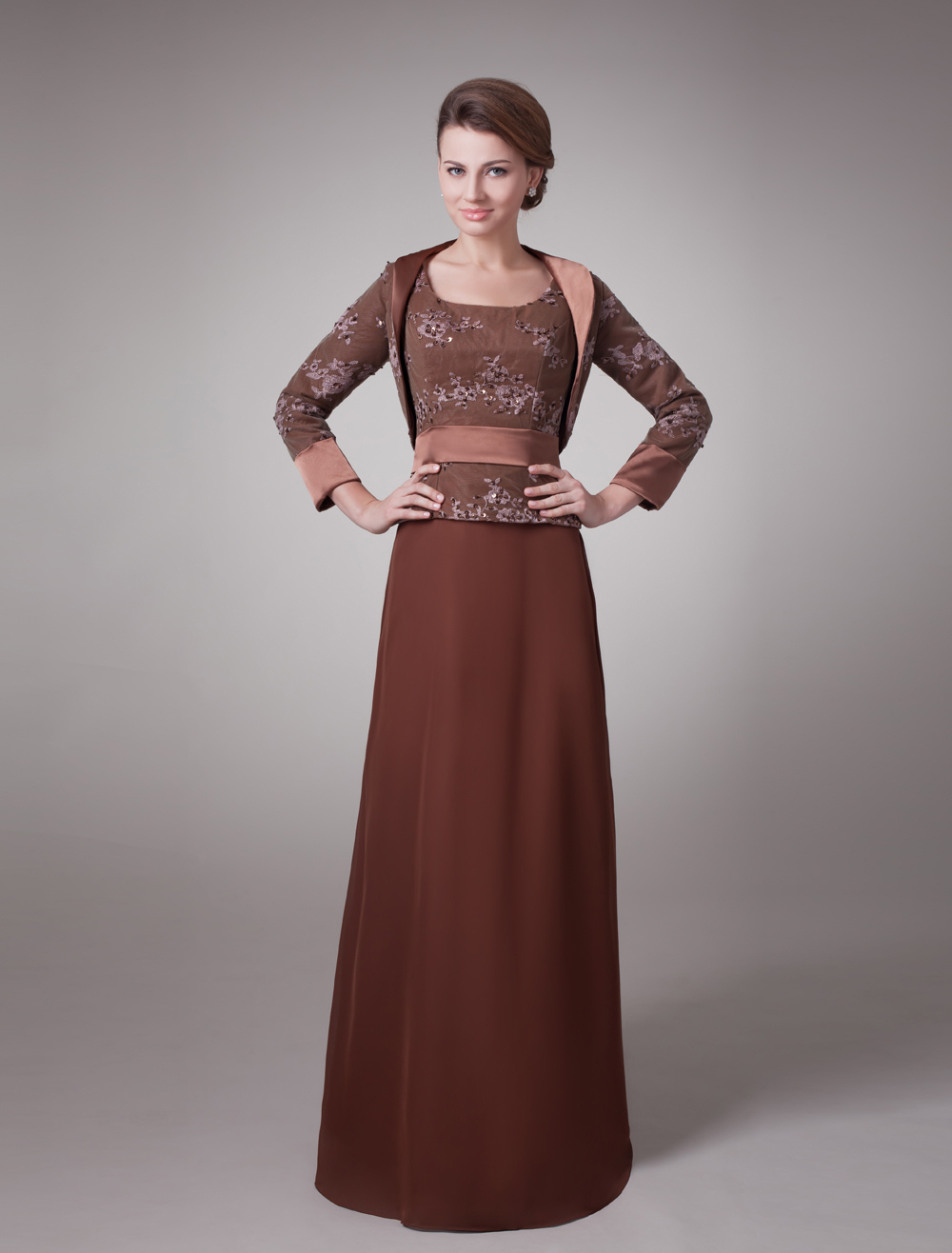 TwoPiece Brown Sash Satin Mother Of Bride And Groom Dress