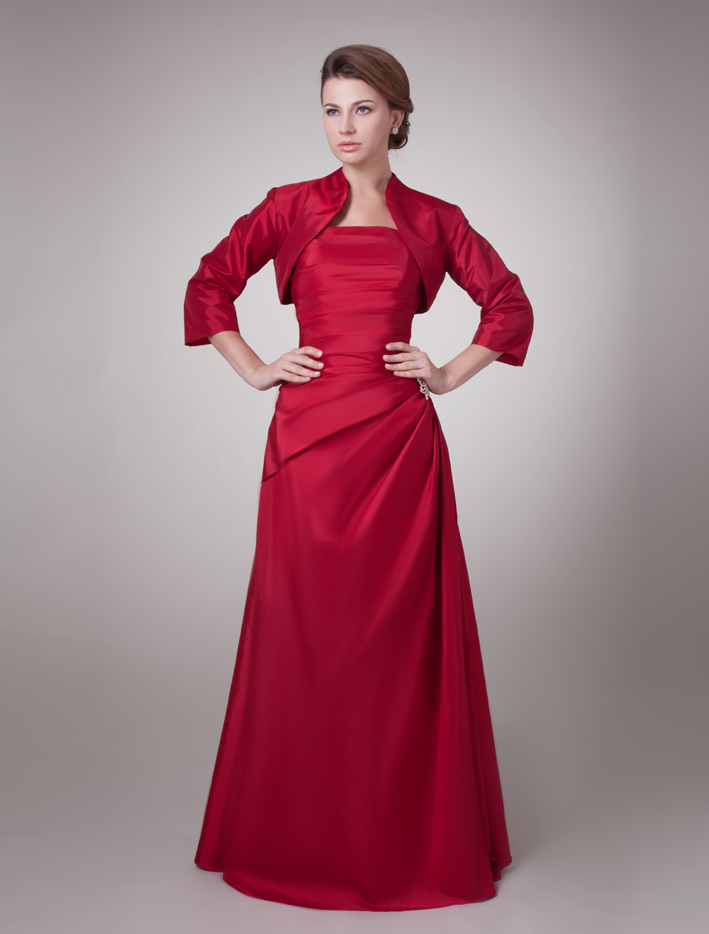 Strapless Ruched Dress With 3/4 Length Sleeves For Mother of Bride Wedding Guest Dress photo