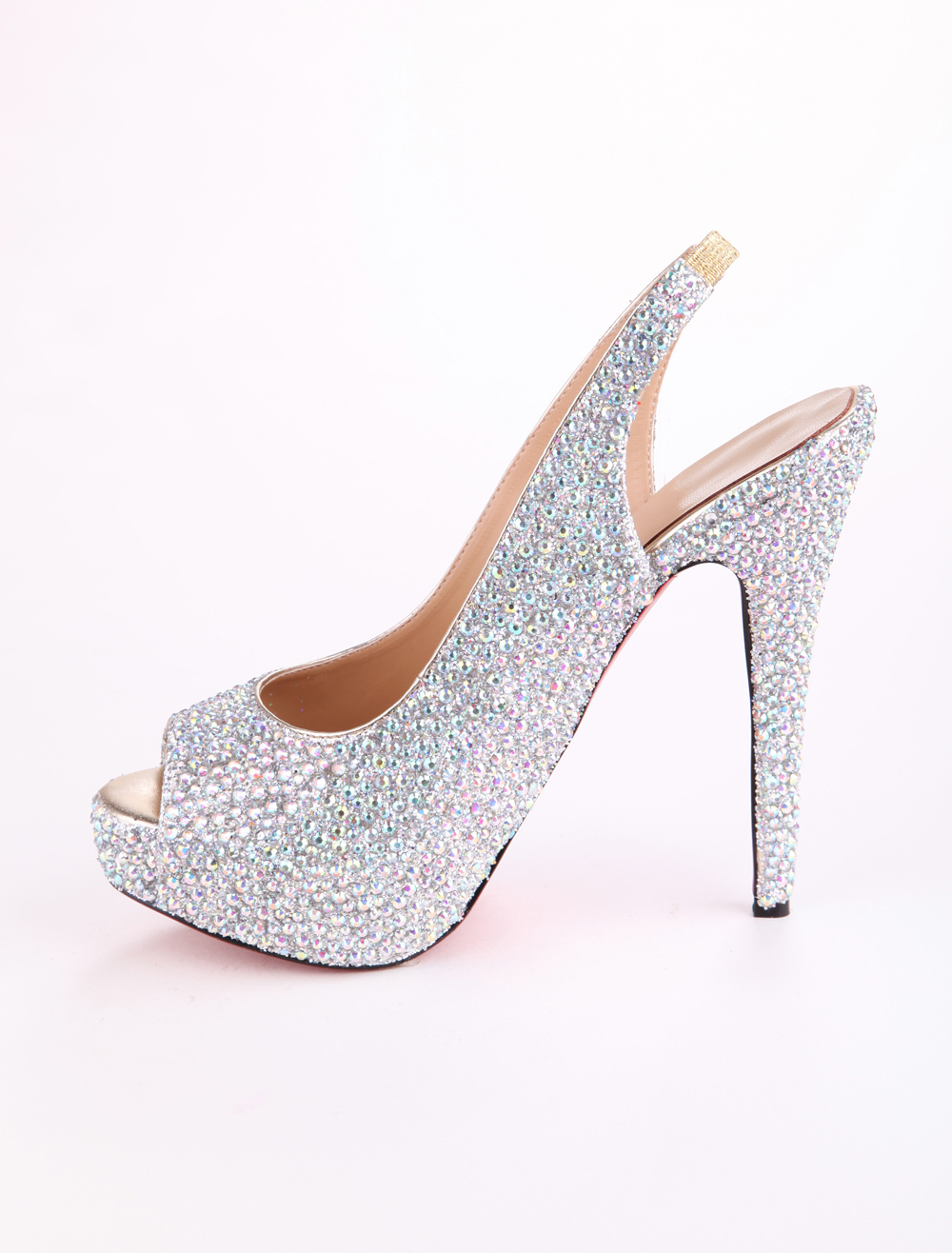 White Peep Toe Slingback Sheepskin Rhinestone Shoes - Milanoo.com