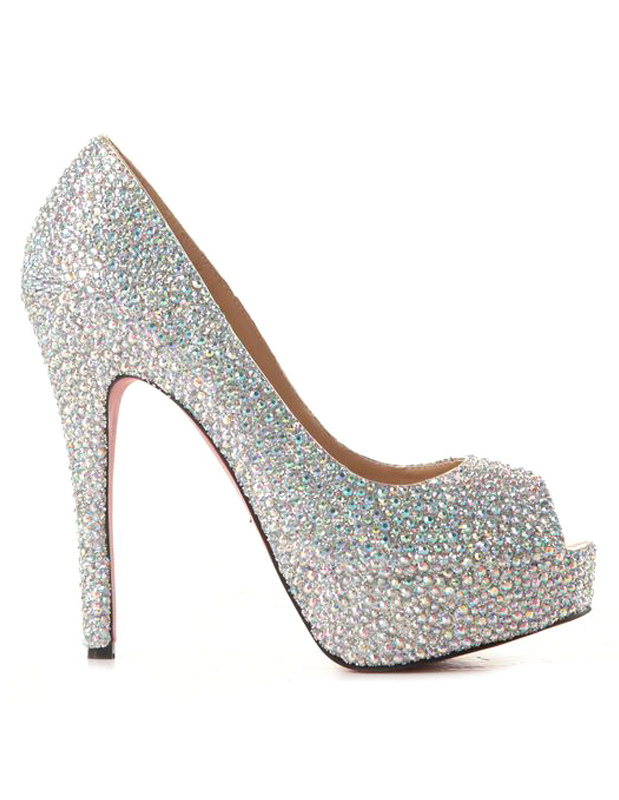 White Sheepskin Rhinestone Beading Peep Toe  Shoes