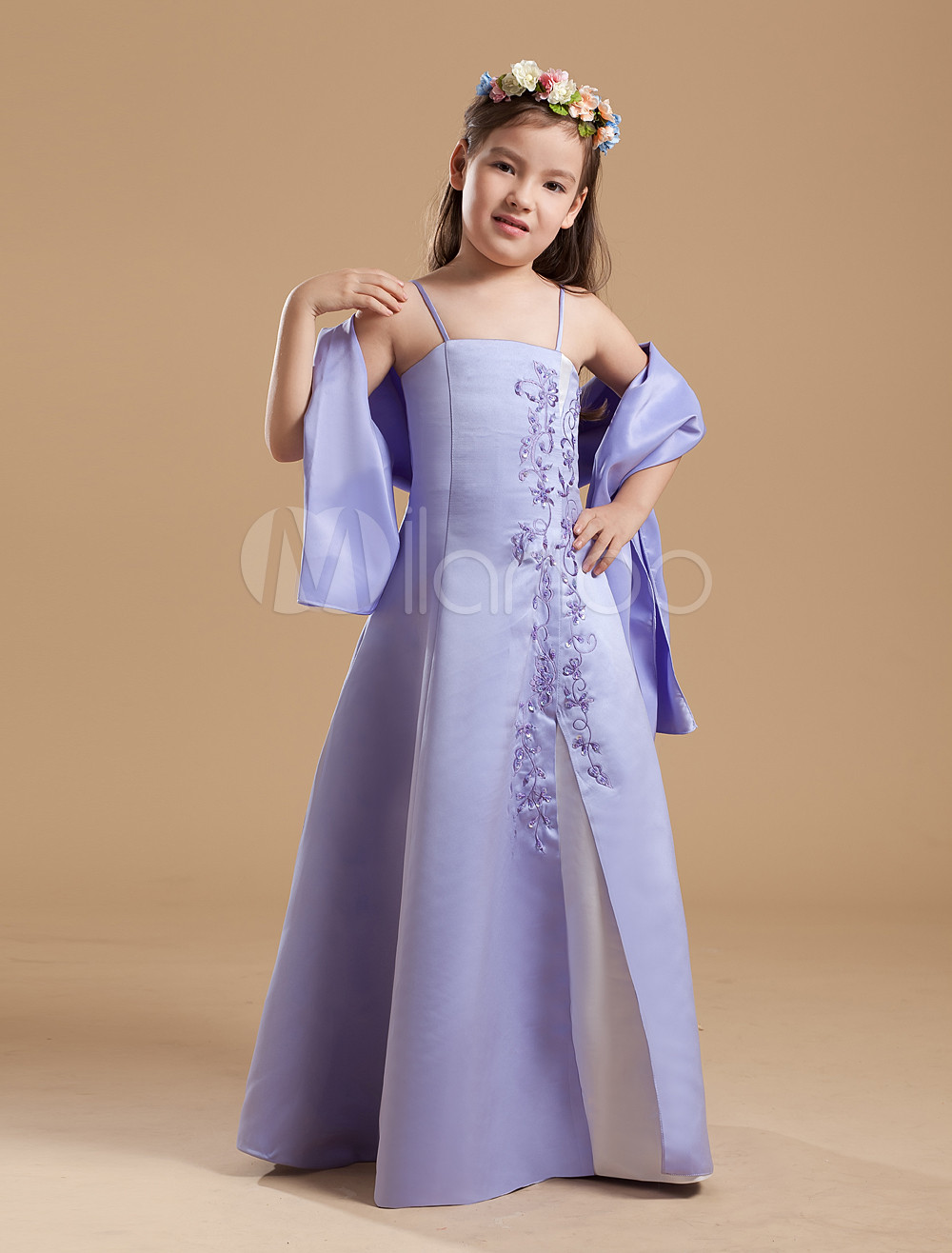 Popular Lilac Purple Satin Double Spaghetti Straps Floor Length Junior