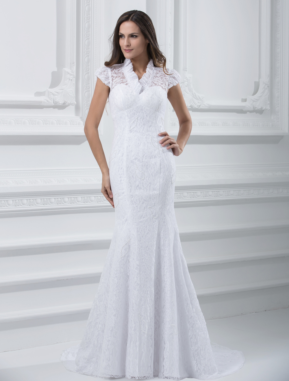Lace White Satin Floor Length Wedding Dress