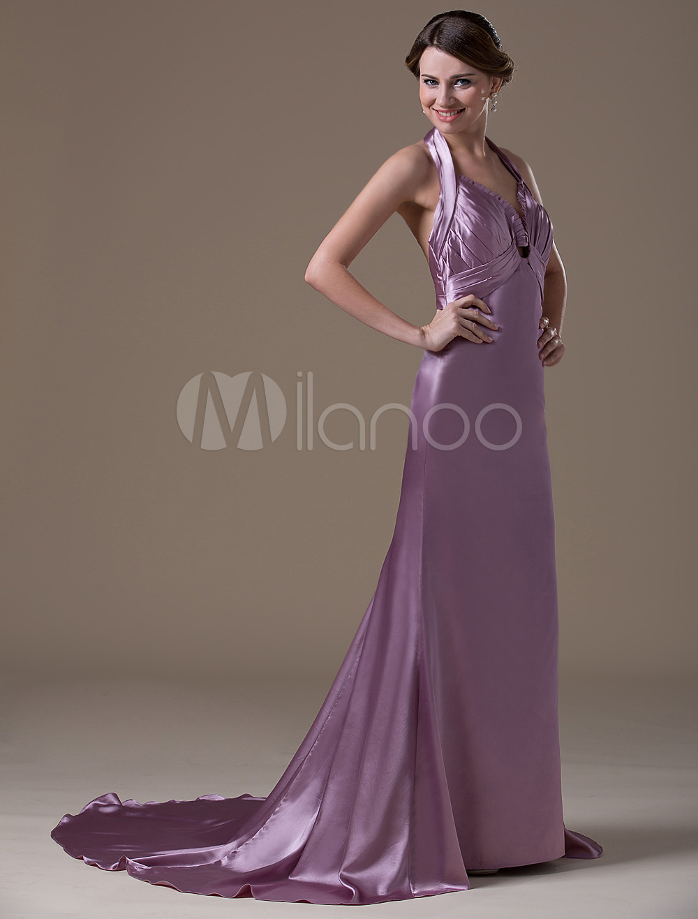purple satin halter dress