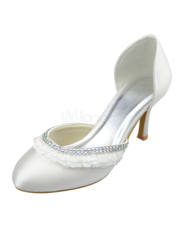 Ivory Rhinestone Round Toe Satin Bridal Shoes - Milanoo