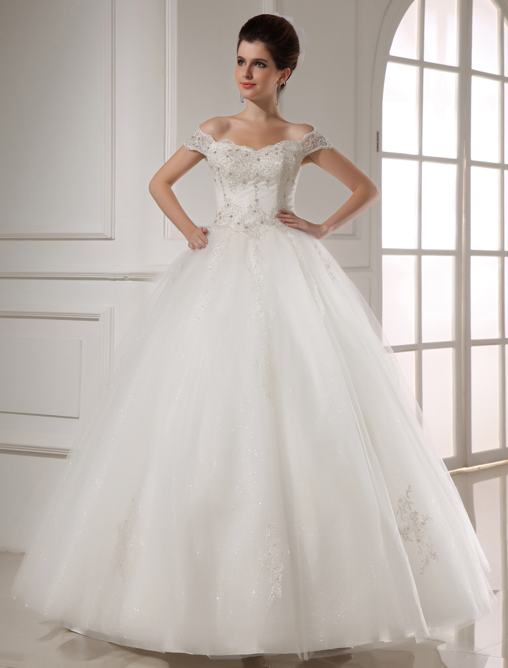 White Offtheshoulder Applique Beading Tulle Bridal Wedding Gown Yakinti
