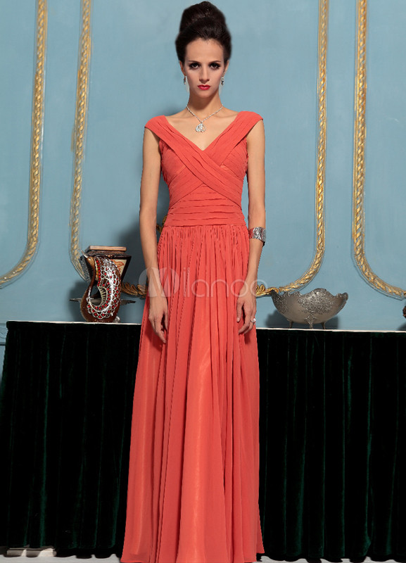 Fashion Red Vneck Aline Pleated Elastic Silk Like Satin Evening Dress