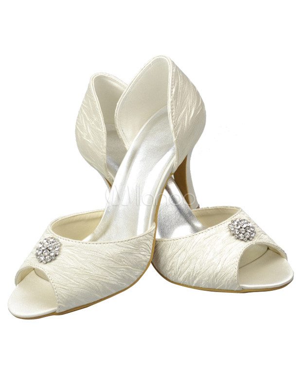 Ivory Stiletto Heel Peep Toe Rhinestone Satin Bridal Wedding Sandals ...