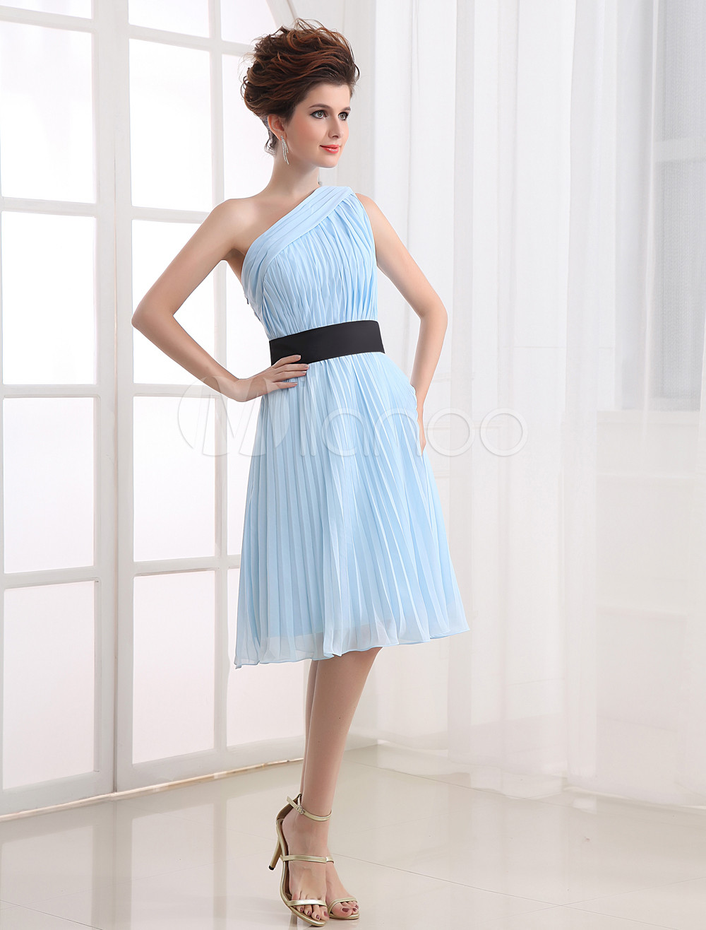 Light Blue Oneshoulder Pleated Chiffon Cocktail Dress Mybuzz