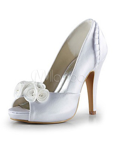 White Flowers Platform Satin Bridal Wedding Shoes