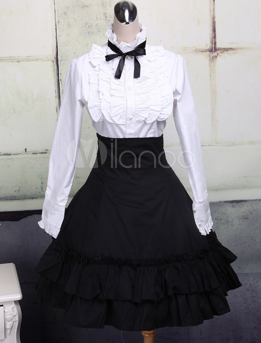 Lesbian wedding dress Cotton White Lolita Blouse And Black Lolita Skirt Outfit